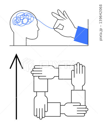 Mental health, teamwork, personal growth, collaboration, problem-solving, upward progress. A hand untangling a brain and linked hands with an upward arrow. Mental health and teamwork concept Mental health, teamwork, personal growth, collaboration, problem-solving, upward progress. A hand untangling a brain and linked hands with an upward arrow. Mental health and teamwork concept 139642068