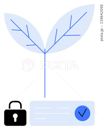 Environmental sustainability, cybersecurity, secure data storage, digital identity, eco-friendly technology, compliance. A plant symbol, lock icon and verification mark. Focus on sustainability 139642098