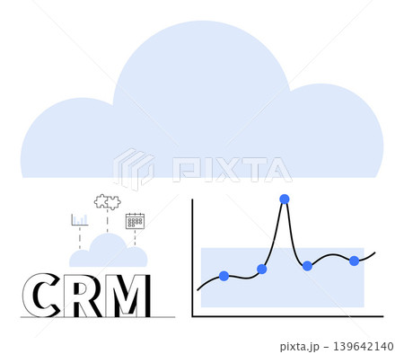Business management, data-driven decisions, cloud-based services, CRM systems, analytics tools, performance tracking. Large cloud graphic with CRM text and data chart. CRM systems and analytics tools 139642140