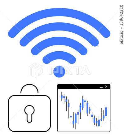 Cybersecurity, financial data, data encryption, digital security, network safety, online privacy. wireless signal, lock icon stock market graph interface. Cybersecurity and financial data 139642210