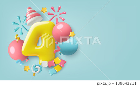 4 years baby birthday background with big inflated yellow 3D number balloons and party decorations 4 years baby birthday background with big inflated yellow 3D number balloons and party decorations 139642211
