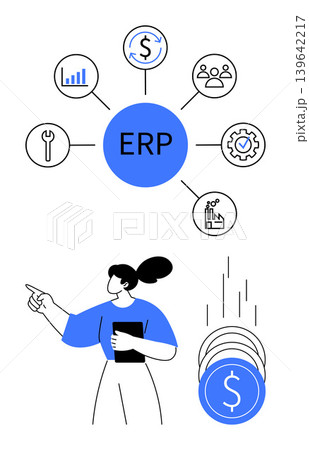Business planning, financial management, workflow optimization, industrial processes, team collaboration, data integration. Circular ERP diagram with icons and businesswoman pointing. Business Business planning, financial management, workflow optimization, industrial processes, team collaboration, data integration. Circular ERP diagram with icons and businesswoman pointing. Business 139642217