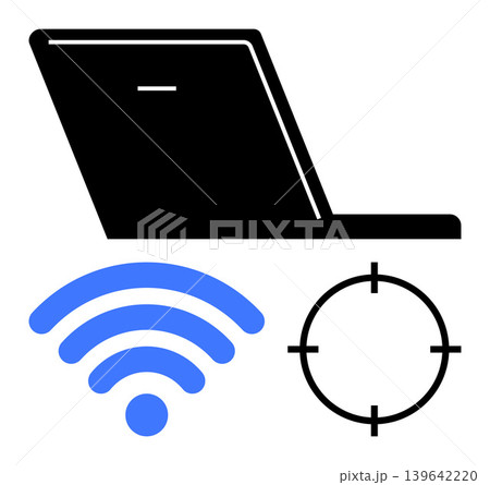 Cybersecurity, online threats, wireless communication, digital connectivity, data protection, internet usage. A laptop, blue wireless symbol and crosshair target icon. Cybersecurity and online Cybersecurity, online threats, wireless communication, digital connectivity, data protection, internet usage. A laptop, blue wireless symbol and crosshair target icon. Cybersecurity and online 139642220