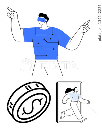 Virtual reality, digital economy, cryptocurrency, connectivity, innovation, future technology. A person wearing VR gear, a digital coin and a figure stepping out of a device. Virtual reality Virtual reality, digital economy, cryptocurrency, connectivity, innovation, future technology. A person wearing VR gear, a digital coin and a figure stepping out of a device. Virtual reality 139642225