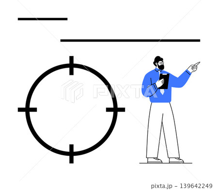 Business strategy, productivity, planning, focus, goal-setting, professional workplace. A professional figure pointing to a focus target element. Business strategy and productivity concept Business strategy, productivity, planning, focus, goal-setting, professional workplace. A professional figure pointing to a focus target element. Business strategy and productivity concept 139642249