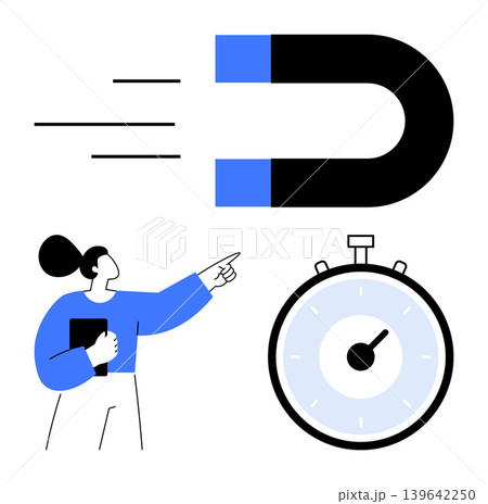 Business strategy, time management, productivity, attraction, focus, goal setting. Visual elements include a magnet, stopwatch and person pointing. Time management and productivity concept Business strategy, time management, productivity, attraction, focus, goal setting. Visual elements include a magnet, stopwatch and person pointing. Time management and productivity concept 139642250