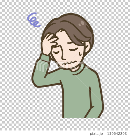 A simple illustration of a man holding his head in his hands in worry. 139642298
