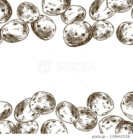 Hand drawn sketch of potato vegetable border. Ink illustration template with organic raw food. Graphic line art design for agricultural market, menu page background and food packaging. Hand drawn sketch of potato vegetable border. Ink illustration template with organic raw food. Graphic line art design for agricultural market, menu page background and food packaging. 139642539