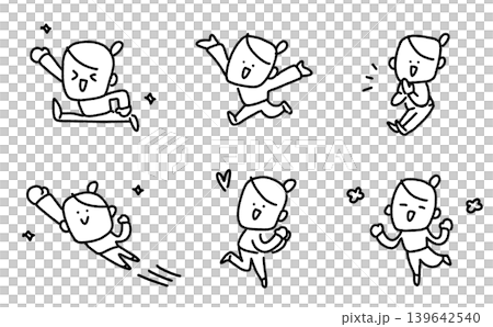 手描きのかわいい女性キャラクターのポーズセット　モノクロ　喜び・ジャンプ・応援・感情表現 139642540