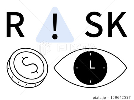 Business risk, time management, financial decisions, caution, warnings, risk assessment. Visual of warning triangle, coin with dollar sign eye with clock. Business risk and time management concept Business risk, time management, financial decisions, caution, warnings, risk assessment. Visual of warning triangle, coin with dollar sign eye with clock. Business risk and time management concept 139642557
