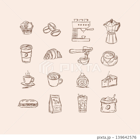 Coffee and bakery hand drawn elements brown Coffee and bakery hand drawn elements brown 139642576