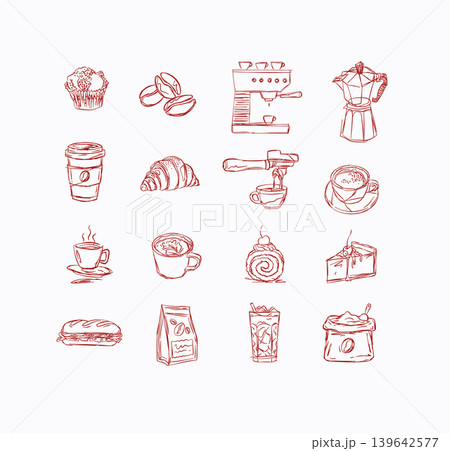 Coffee and bakery hand drawn elements red Coffee and bakery hand drawn elements red 139642577