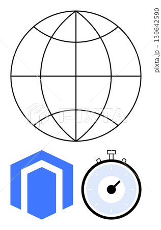 Global communication, online security, time management, internet speed, data protection, digital workflow. A globe symbol, hexagonal shield and stopwatch. Global communication and online security Global communication, online security, time management, internet speed, data protection, digital workflow. A globe symbol, hexagonal shield and stopwatch. Global communication and online security 139642590