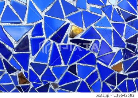 Blue Broken Ceramic Tiles Mosaic Wall Background. 139642592