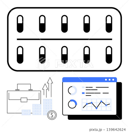 Healthcare economics, business analysis, pharmaceutical industry, financial growth, medication trends, statistics. A pill pack, financial icons and a dashboard. Healthcare economics and business Healthcare economics, business analysis, pharmaceutical industry, financial growth, medication trends, statistics. A pill pack, financial icons and a dashboard. Healthcare economics and business 139642624