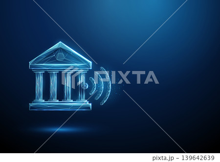 3D blue bank icon and wifi symbol. Online banking, wireless payment, digital finance, contactless transaction, mobile commerce, fintech, internet, safety concept 3D blue bank icon and wifi symbol. Online banking, wireless payment, digital finance, contactless transaction, mobile commerce, fintech, internet, safety concept 139642639
