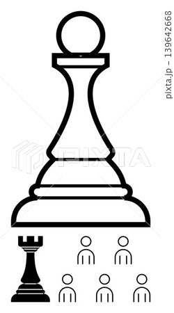 Leadership, teamwork, strategic planning, decision-making, group dynamics, hierarchy. Large chess pawn with rook and group of people figures. Leadership and teamwork concept 139642668
