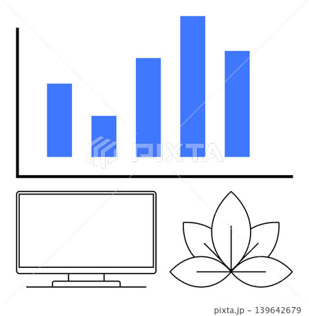 Data analysis, environmental technology, business growth, digital solutions, eco-friendly strategies, corporate analytics. Bar graph, computer and leaf symbol displayed. Business growth Data analysis, environmental technology, business growth, digital solutions, eco-friendly strategies, corporate analytics. Bar graph, computer and leaf symbol displayed. Business growth 139642679