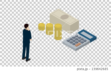 お金や家計管理について考えるビジネスマンのアイソメトリックイラスト 139642685