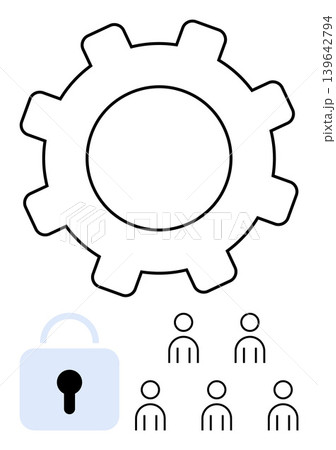 Team collaboration, data security, organizational efficiency, digital safety, access control, teamwork. A gear above icons of people and a lock. Team collaboration and data security concept 139642794