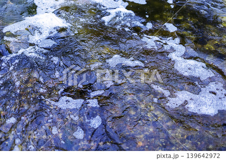 Dynamic shot of frothy water flowing over rocks with mineral details and motion sense Dynamic shot of frothy water flowing over rocks with mineral details and motion sense 139642972