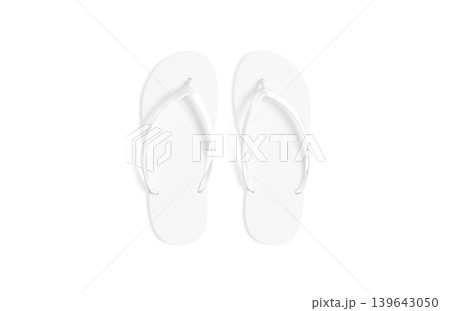 Blank white beach slippers mock up png, transparent background, 3d rendering. Empty flipflops footwear for pool or spa shower mockup cut out. Clear rubber scuff or sandals slipper template. 139643050