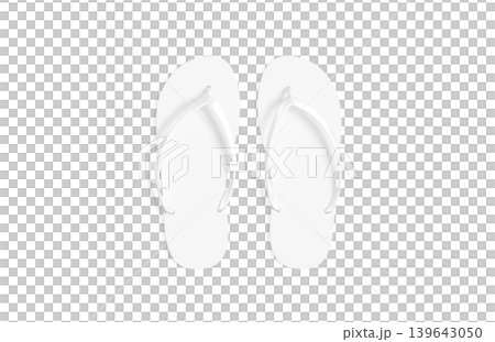 Blank white beach slippers mock up png, transparent background, 3d rendering. Empty flipflops footwear for pool or spa shower mockup cut out. Clear rubber scuff or sandals slipper template. 139643050
