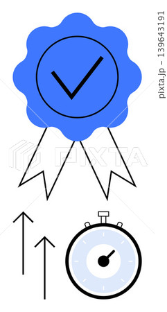 Quality assurance, time management, productivity growth, certification, process efficiency, value improvement. A badge with checkmark, stopwatch and upward arrows. Quality assurance and time Quality assurance, time management, productivity growth, certification, process efficiency, value improvement. A badge with checkmark, stopwatch and upward arrows. Quality assurance and time 139643191