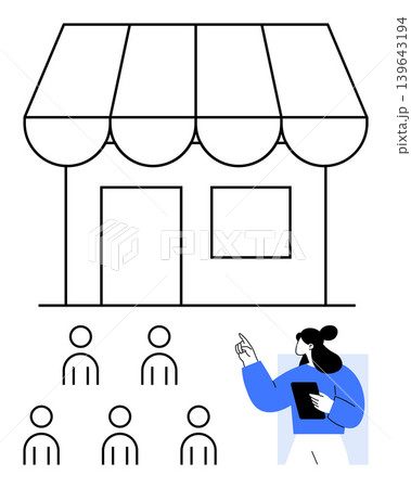 Business strategy, team management, entrepreneurship, customer service, retail store, small businesses. A storefront, group of people and a leader holding a tablet. Business strategy and team 139643194