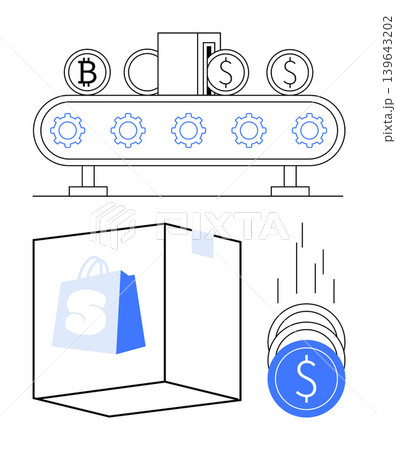 Blockchain technology, e-commerce logistics, cryptocurrency transactions, financial automation, digital payments, monetization. Conveyor with gears, coins shopping package. Blockchain and e-commerce Blockchain technology, e-commerce logistics, cryptocurrency transactions, financial automation, digital payments, monetization. Conveyor with gears, coins shopping package. Blockchain and e-commerce 139643202