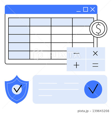 Financial planning, digital banking, payment security, accounting software, data protection, online transactions. Spreadsheet, calculator shield symbol with checkmark. Financial security and digital Financial planning, digital banking, payment security, accounting software, data protection, online transactions. Spreadsheet, calculator shield symbol with checkmark. Financial security and digital 139643208