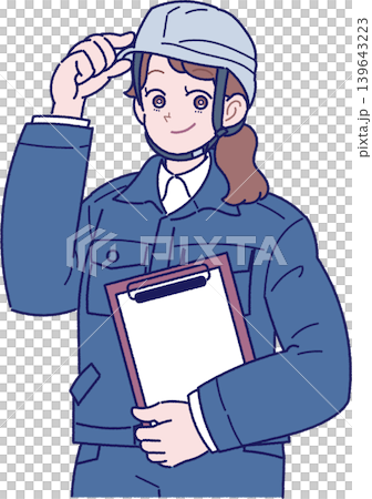 An illustration of a female worker wearing a helmet and a navy blue work uniform. An illustration of a female worker wearing a helmet and a navy blue work uniform. 139643223