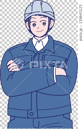 插圖描繪了一名戴著安全帽、身穿藏藍色工作服的男性工人。 插圖描繪了一名戴著安全帽、身穿藏藍色工作服的男性工人。 139643225