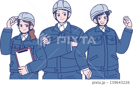 ヘルメットを被り紺色の作業服を着た3人の作業員のイラスト 139643226