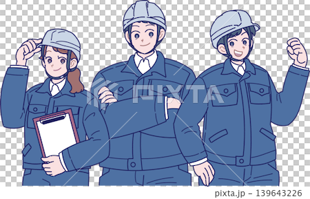 插圖描繪了三名戴著安全帽、穿著藏藍色工作服的工人。 插圖描繪了三名戴著安全帽、穿著藏藍色工作服的工人。 139643226