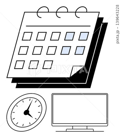 Time management, planning, productivity, digital workflow, work organization, scheduling. Calendar, clock and monitor illustration. Time management and planning concept 139643228