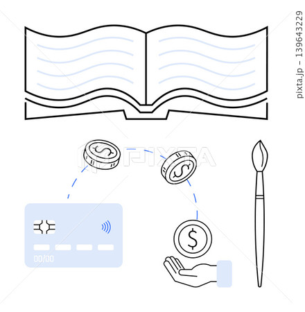 Creative economy, financial literacy, e-commerce, art funding, transaction systems, digital payments. Card, coins hand book and paintbrush finance and creativity interaction. Creative economy 139643229