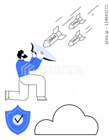 Cybersecurity, cloud protection, online security, DDoS attack defense, internet safety, secure systems. Person holding a shield deflecting DDoS-labeled missiles near a cloud and security shield Cybersecurity, cloud protection, online security, DDoS attack defense, internet safety, secure systems. Person holding a shield deflecting DDoS-labeled missiles near a cloud and security shield 139643272