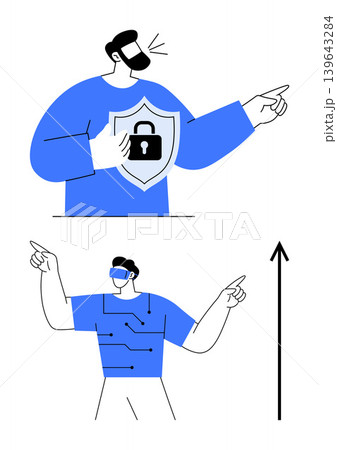 Cybersecurity, data protection, online privacy, digital security, technology networking, encrypted communication. A person holding a shield with a lock and another with virtual tech elements Cybersecurity, data protection, online privacy, digital security, technology networking, encrypted communication. A person holding a shield with a lock and another with virtual tech elements 139643284