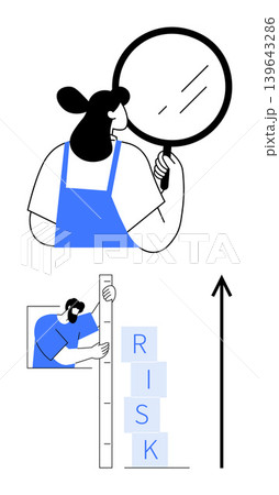 Risk assessment, decision-making, growth strategy, problem-solving, business planning, monitoring progress. Woman using a magnifying glass and a person measuring risk. Risk assessment Risk assessment, decision-making, growth strategy, problem-solving, business planning, monitoring progress. Woman using a magnifying glass and a person measuring risk. Risk assessment 139643286