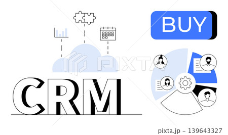 Business planning, marketing, data management, CRM tools, e-commerce, online transactions. Cloud with charts, calendar team icons and buy button. CRM system and data handling concept 139643327