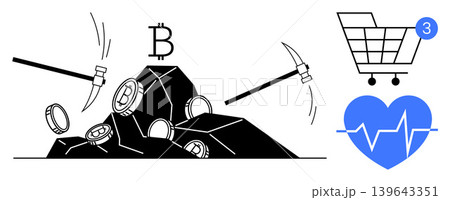 Cryptocurrency, blockchain, e-commerce, healthcare tech, financial growth, digital innovation. Bitcoin mining with coins and pickaxes, shopping cart heart rate line. Cryptocurrency and e-commerce 139643351