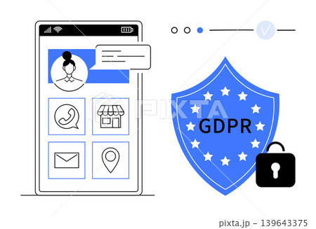 Data protection, cybersecurity, privacy policy, GDPR compliance, digital security, secure communication. Smartphone interface and shield with lock icon. Data protection and cybersecurity concept Data protection, cybersecurity, privacy policy, GDPR compliance, digital security, secure communication. Smartphone interface and shield with lock icon. Data protection and cybersecurity concept 139643375
