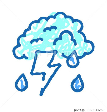 Hand drawn storm cloud with rain and lightning Hand drawn storm cloud with rain and lightning 139644280