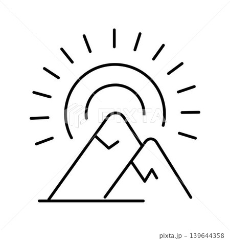 Mountain peaks with sun rising line art icon 139644358