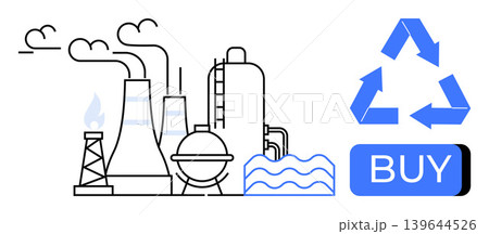 Environmental sustainability, recycling, manufacturing, eco-conscious shopping, climate change, clean energy. Factory with smoke stacks next to a recycling symbol and buy button. Environmental Environmental sustainability, recycling, manufacturing, eco-conscious shopping, climate change, clean energy. Factory with smoke stacks next to a recycling symbol and buy button. Environmental 139644526