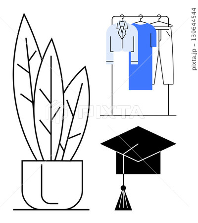 Education, minimalism, fashion design, lifestyle, interior decor, graduation. A potted plant, a graduation cap and hanging clothes on a rack. Education and minimalism conceptual Education, minimalism, fashion design, lifestyle, interior decor, graduation. A potted plant, a graduation cap and hanging clothes on a rack. Education and minimalism conceptual 139644544