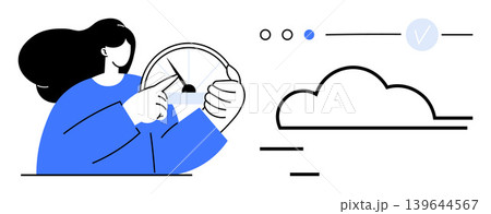 Data analytics, performance monitoring, cloud computing, user interaction, technology visualization, process efficiency. Woman points to speedometer gauge near a cloud icon. Data analytics Data analytics, performance monitoring, cloud computing, user interaction, technology visualization, process efficiency. Woman points to speedometer gauge near a cloud icon. Data analytics 139644567