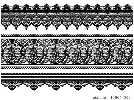 クラシックでエレガントなブラックレースボーダーセット（アンティーク・装飾ライン素材） 139644593
