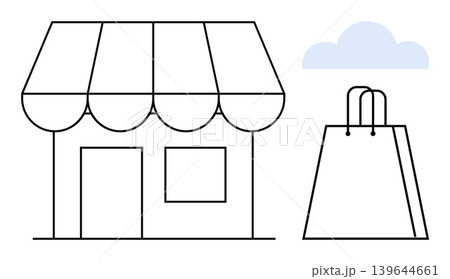 E-commerce, retail business, shopping, small business branding, local stores, customer experience. Minimalistic storefront with awning, cloud and shopping bag. E-commerce and retail business concept 139644661